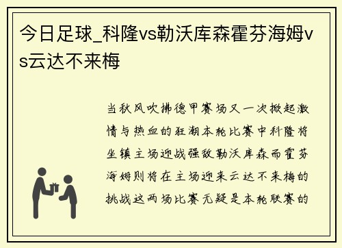 今日足球_科隆vs勒沃库森霍芬海姆vs云达不来梅