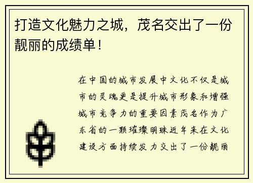 打造文化魅力之城，茂名交出了一份靓丽的成绩单！