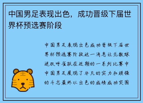 中国男足表现出色，成功晋级下届世界杯预选赛阶段