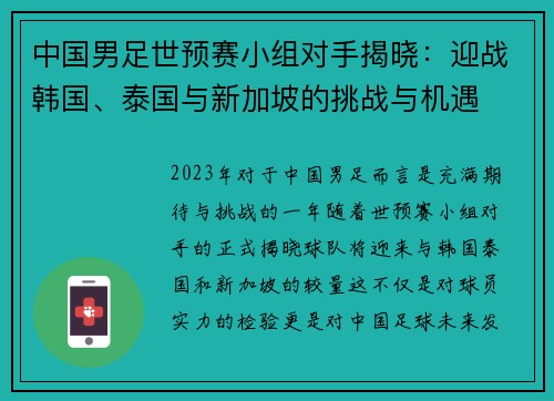 中国男足世预赛小组对手揭晓：迎战韩国、泰国与新加坡的挑战与机遇