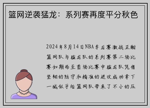 篮网逆袭猛龙：系列赛再度平分秋色