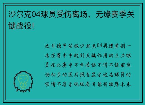 沙尔克04球员受伤离场，无缘赛季关键战役!